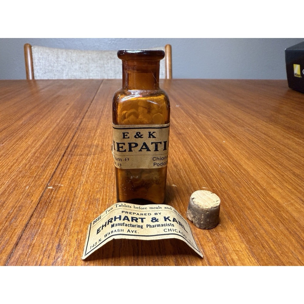 Antique 1890 E&K Hepatic Amber Apothecary Bottle Sealed Chicago Medical History